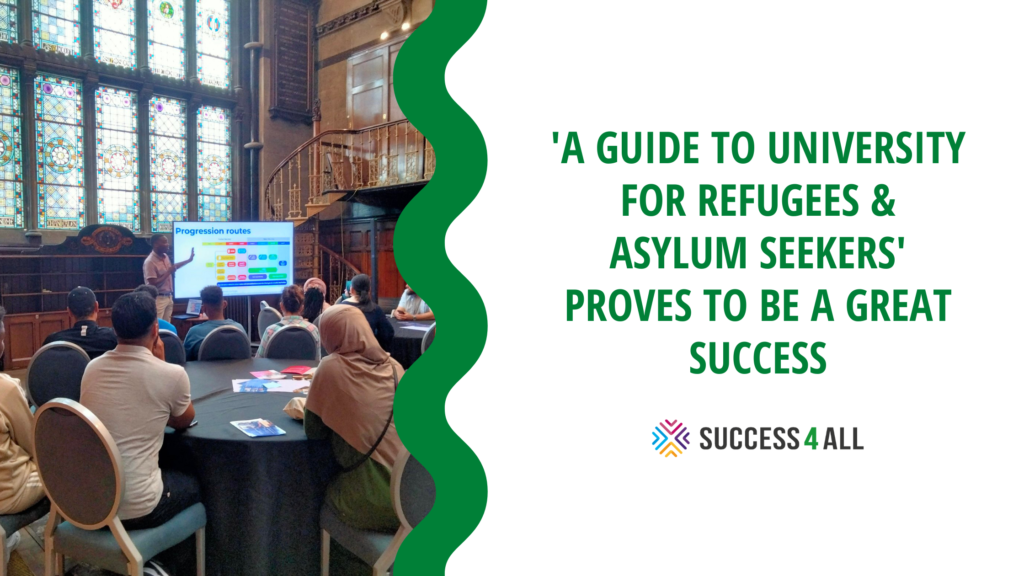 Image divided by two using a green wavy line. Right side text: 'A Guide To University for Refugees & Asylum Seekers' proves to be a great success. Left: George from Refugee Education UK presents to audience at the Common Room