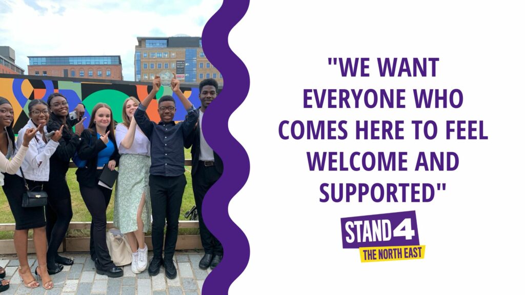 Young people from stand 4 their The Key Award. Text: We want everyone who comes here to feel welcome and supported"
