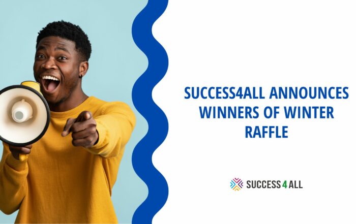 Man in yellow jumper making an announcement in a megaphone. Blue text reads: Success4All announces winners of winter raffle